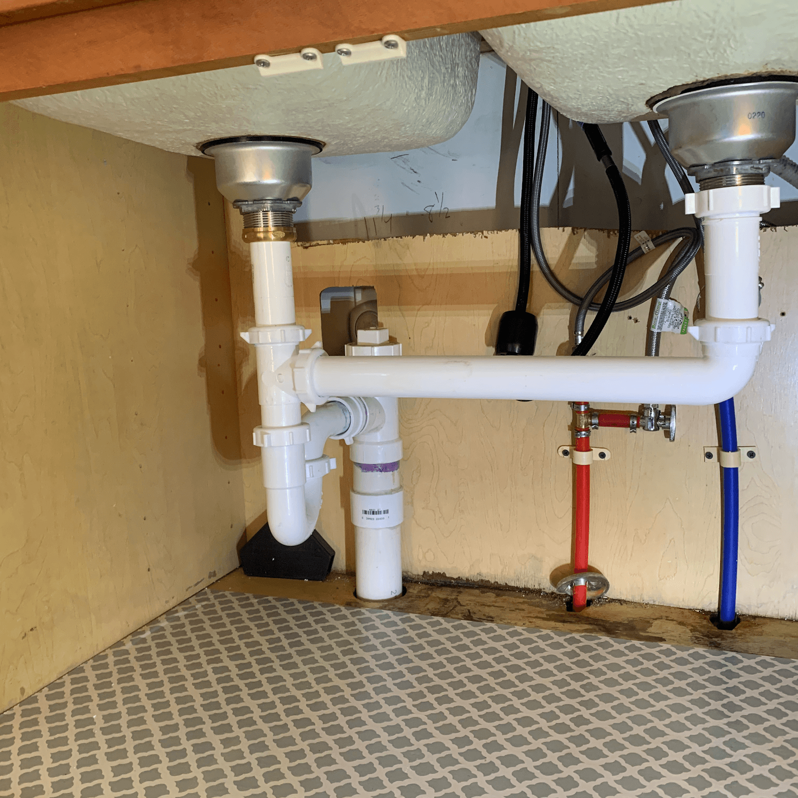 Under-sink double-bowl drain and PEX supply work